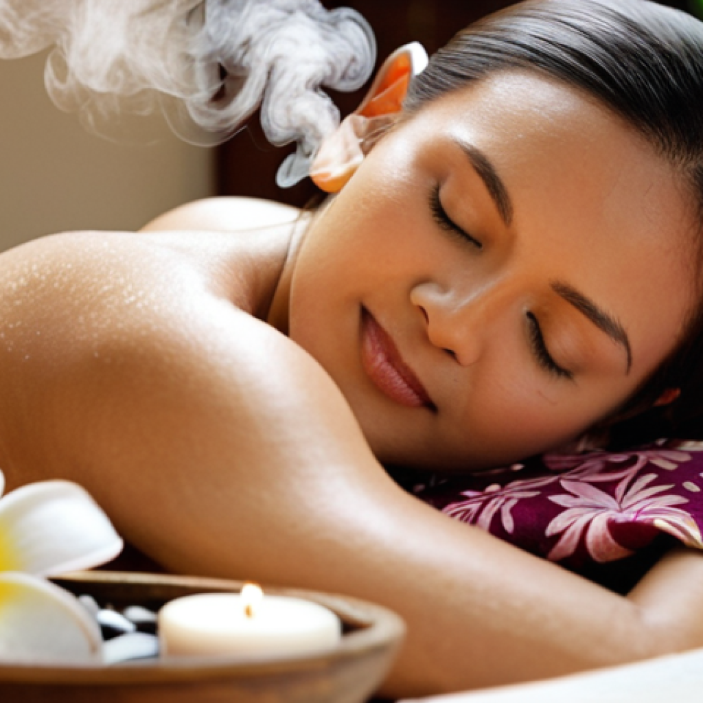 **Image Prompt:** A serene Malaysian spa setting. Focus on aromatherapy. Diffusers releasing fragrant steam. Include elements like frangipani flowers, batik patterns, and soft, natural lighting. Emphasize a sense of relaxation and mental wellbeing. Close-up shot of a woman enjoying aromatherapy in a spa. The light should be soft and gentle, highlighting the details of the frangipani flowers and batik patterns.