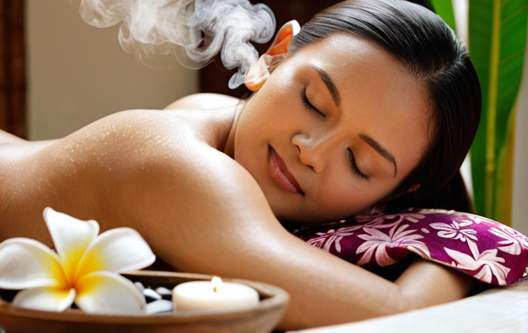 **Image Prompt:** A serene Malaysian spa setting. Focus on aromatherapy. Diffusers releasing fragrant steam. Include elements like frangipani flowers, batik patterns, and soft, natural lighting. Emphasize a sense of relaxation and mental wellbeing. Close-up shot of a woman enjoying aromatherapy in a spa. The light should be soft and gentle, highlighting the details of the frangipani flowers and batik patterns.