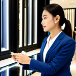 A professional woman, fully clothed in a modest business suit, browsing in an elegant, well-lit luxury boutique within Pavilion Kuala Lumpur. The interior features subtle, sophisticated decor and displays of high-end products. The atmosphere is serene and inviting, with an invisible aura of a calming, luxurious signature scent permeating the air. The woman has a natural pose, perfect anatomy, correct proportions, well-formed hands, and proper finger count. The image should be safe for work, appropriate content, fully clothed, professional, and high quality.