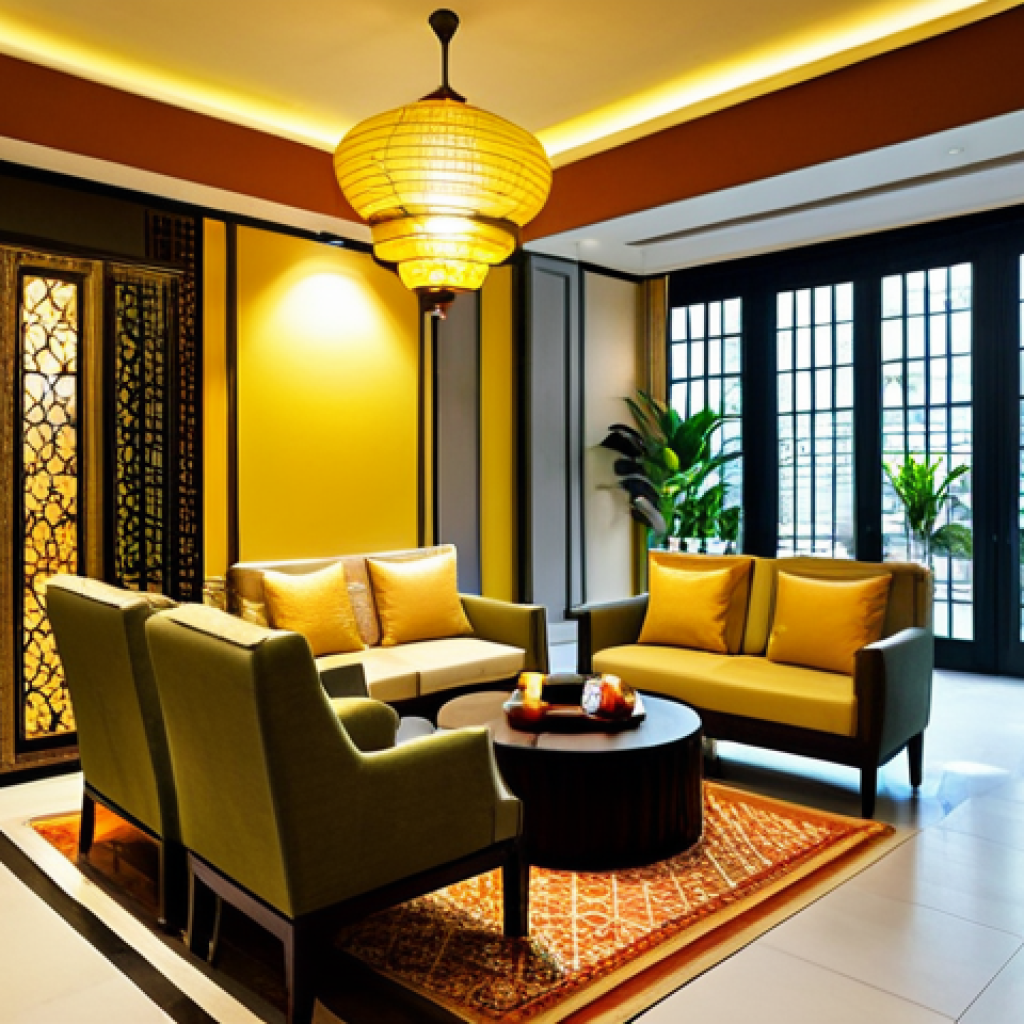 **

"A boutique hotel lobby in Melaka, Malaysia. The scene includes comfortable seating, traditional Malaysian decor elements, and soft, warm lighting.  Aroma of lemongrass and 'bunga kantan' (ginger flower) subtly diffused throughout the space.  Guests are relaxing and enjoying the ambiance, fully clothed in appropriate attire. Safe for work, appropriate content, professional setting, perfect anatomy, natural proportions, high quality."

**