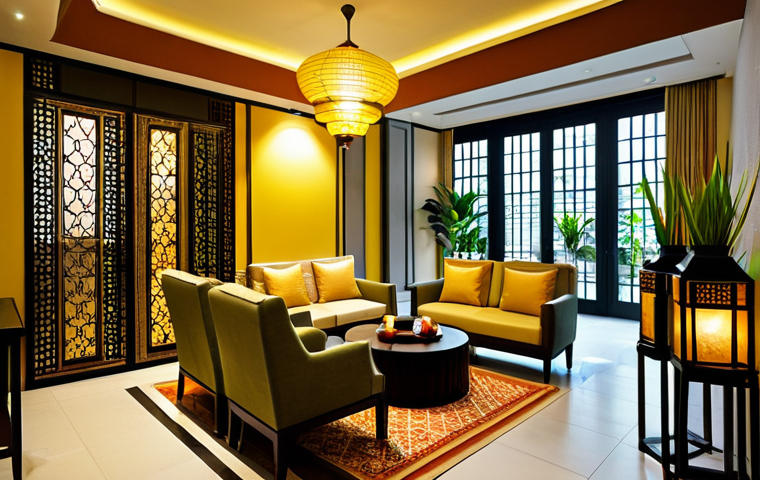 **

"A boutique hotel lobby in Melaka, Malaysia. The scene includes comfortable seating, traditional Malaysian decor elements, and soft, warm lighting.  Aroma of lemongrass and 'bunga kantan' (ginger flower) subtly diffused throughout the space.  Guests are relaxing and enjoying the ambiance, fully clothed in appropriate attire. Safe for work, appropriate content, professional setting, perfect anatomy, natural proportions, high quality."

**