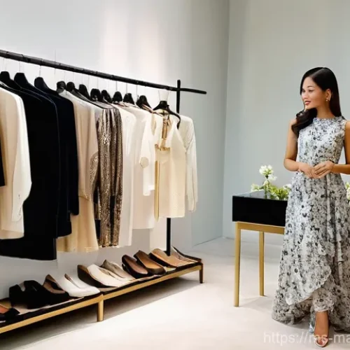 향기 마케팅 성공 사례 모음 - **A Chic Malaysian Fashion Boutique**: A sophisticated, softly lit interior of a contemporary fashio...