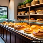 Home 20 향기 마케팅의 과학적 근거 - A cozy Malaysian bakery interior bathed in warm, natural light, featuring wooden shelves lined with ...