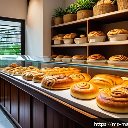 Home 32 향기 마케팅의 과학적 근거 - A cozy Malaysian bakery interior bathed in warm, natural light, featuring wooden shelves lined with ...