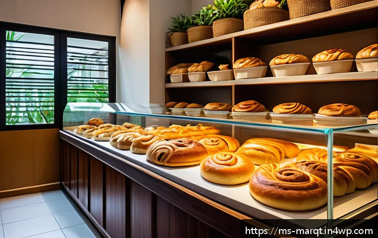 향기 마케팅의 과학적 근거 - A cozy Malaysian bakery interior bathed in warm, natural light, featuring wooden shelves lined with ...
