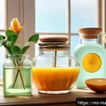 Home 19 향기 마케팅과 제품 디자인의 관계 - A serene beauty product scene featuring a variety of floral and fresh fruit-scented lotions and soap...