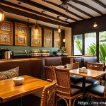 Home 18 향기 마케팅을 통한 경쟁 우위 확보 - A cozy Malaysian café interior with warm ambient lighting, wooden furniture, and subtle decorative e...