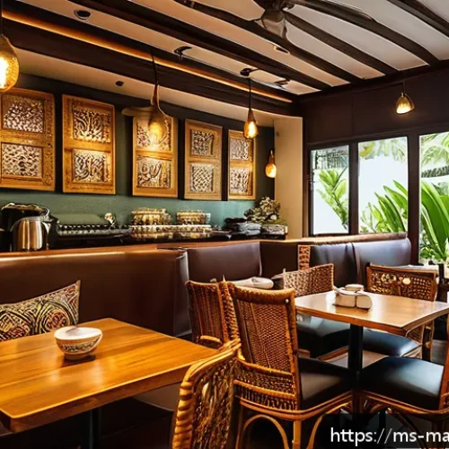 Home 30 향기 마케팅을 통한 경쟁 우위 확보 - A cozy Malaysian café interior with warm ambient lighting, wooden furniture, and subtle decorative e...