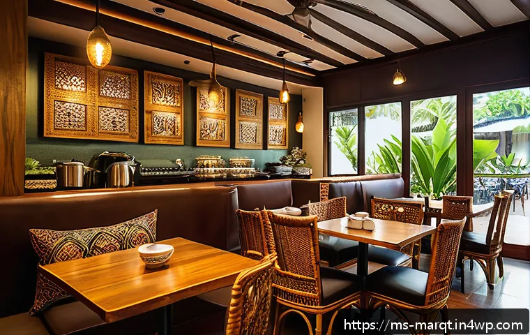 향기 마케팅을 통한 경쟁 우위 확보 - A cozy Malaysian café interior with warm ambient lighting, wooden furniture, and subtle decorative e...